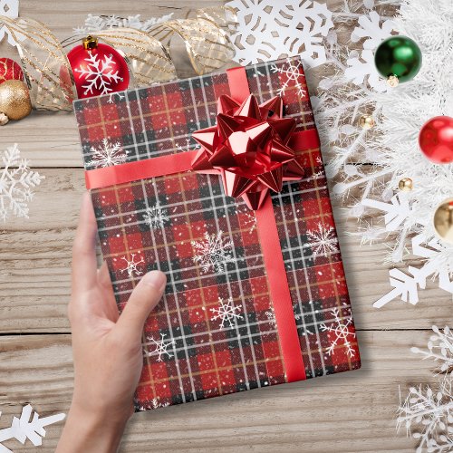 Winter Plaid Snowflake Red Black Wrapping Paper