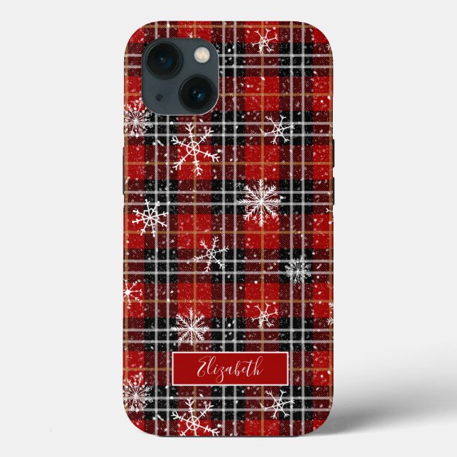 Winter Plaid Snowflakes Script Name Case-Mate iPhone Case (Back)