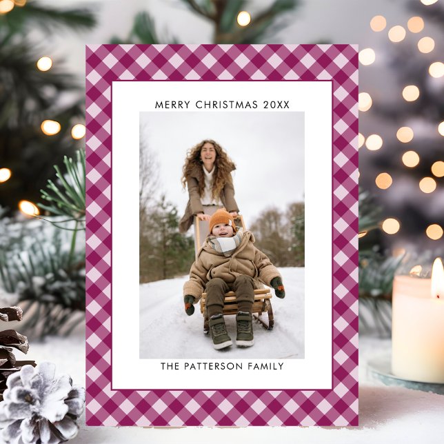 Winter Plum Wine Gingham Plaid Photo Christmas Holiday Card (Creator Uploaded)
