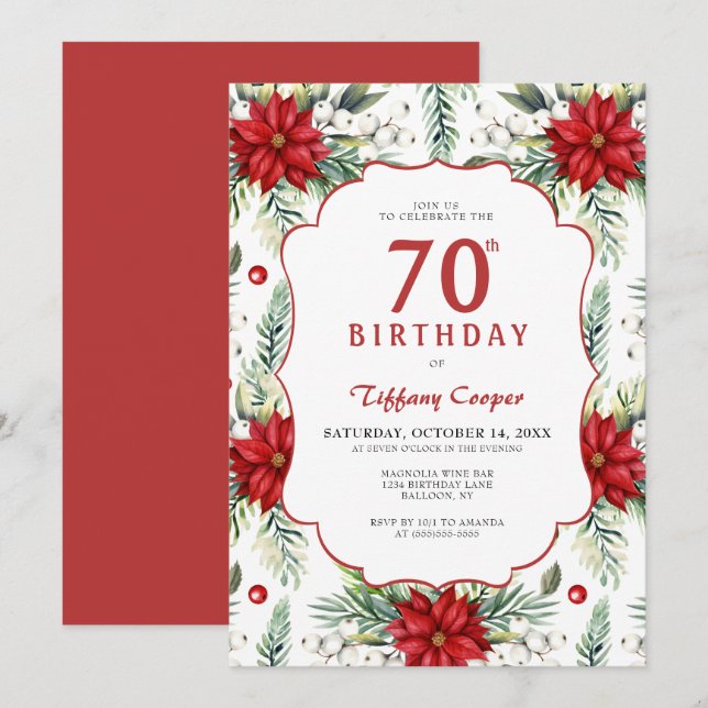 Winter Poinsettia Botanical 70th Birthday Invitation (Front/Back)
