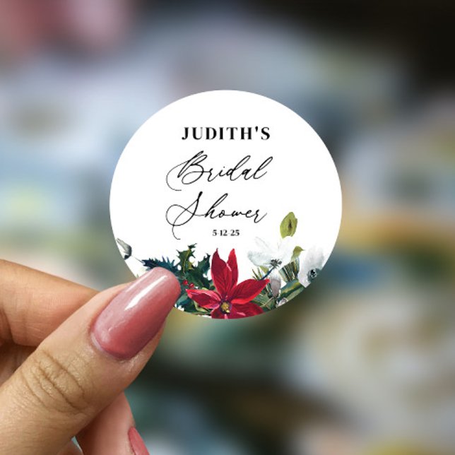  Winter Poinsettia Bridal Shower  Classic Round Sticker (Creator Uploaded)