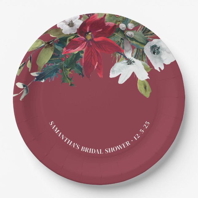  Winter Poinsettia Bridal Shower  Paper Plates (Front)