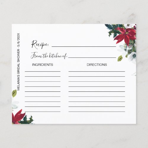 Winter Poinsettia Bridal Shower Recipe Cards 