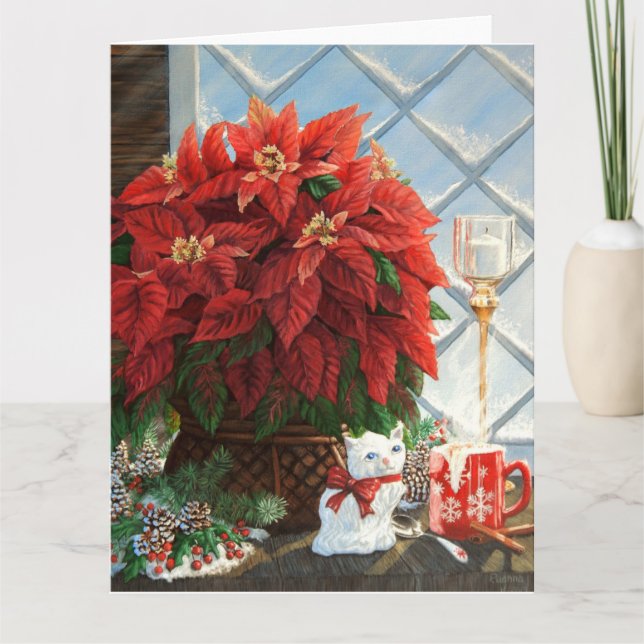 Winter Poinsettia, Ceramic kitten, Red mug egg-nog Card (Front)