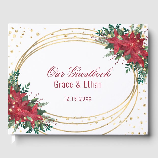 Winter Poinsettia Christmas Wedding Guest Book (Front)