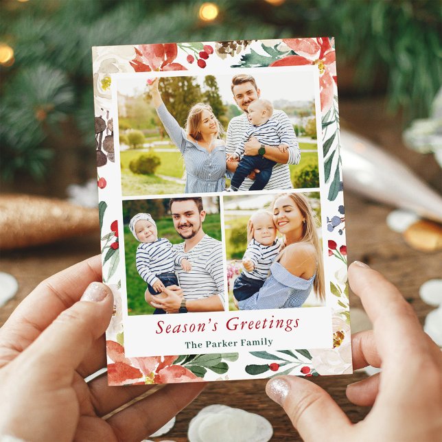 Winter Poinsettia Floral Berries 3 Photos Collage Holiday Card (Creator Uploaded)