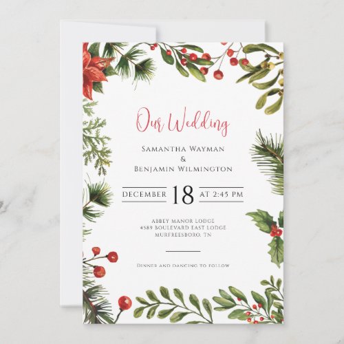 Winter Poinsettia Greenery Floral Wedding Invitation
