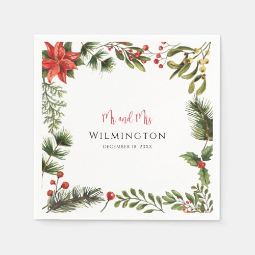 Winter Poinsettia Greenery Floral Wedding Paper Napkins