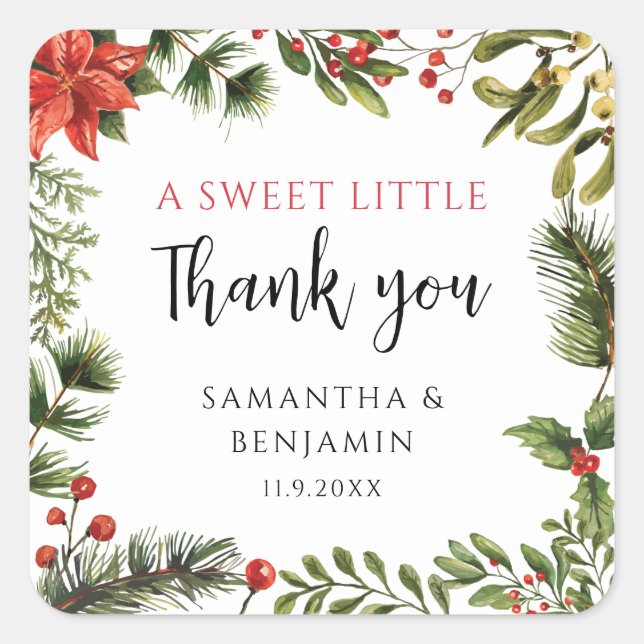 Winter Poinsettia Greenery Floral Wedding Square Sticker (Front)