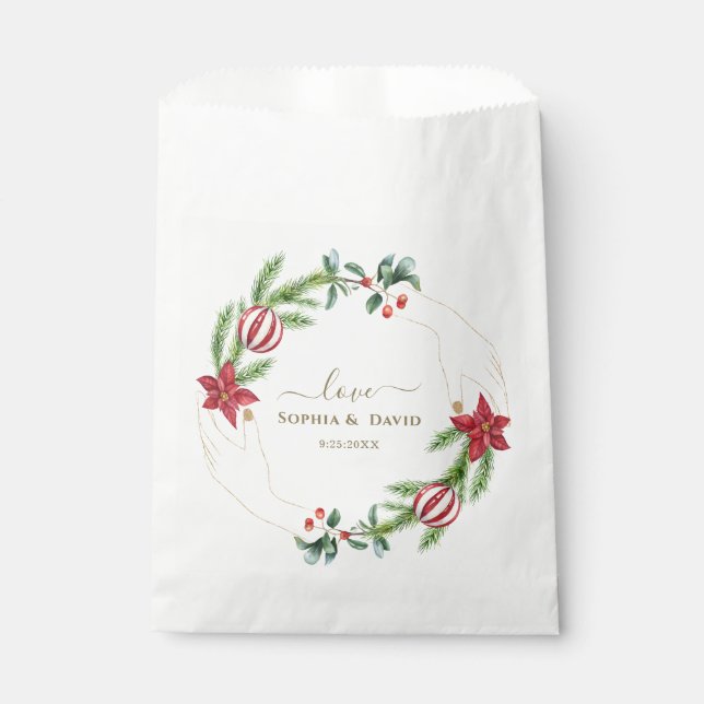 Winter Poinsettia Pine Berry Christmas Wedding Favor Bag (Front)