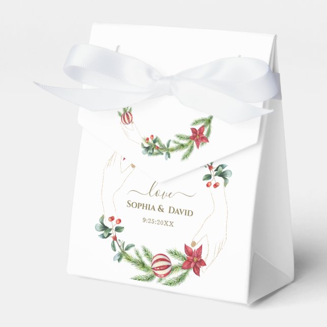 Winter Poinsettia Pine Berry Christmas Wedding Favor Boxes (Front Side)