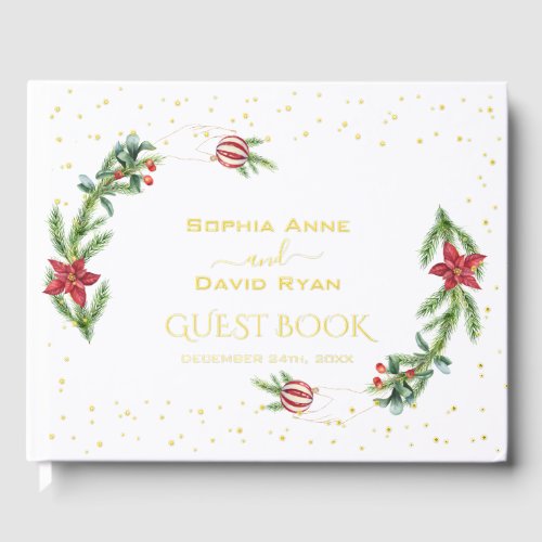 Winter Poinsettia Pine Berry Christmas Wedding Foil Guest Book