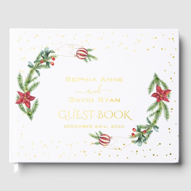 Winter Poinsettia Pine Berry Christmas Wedding Foil Guest Book (Front)