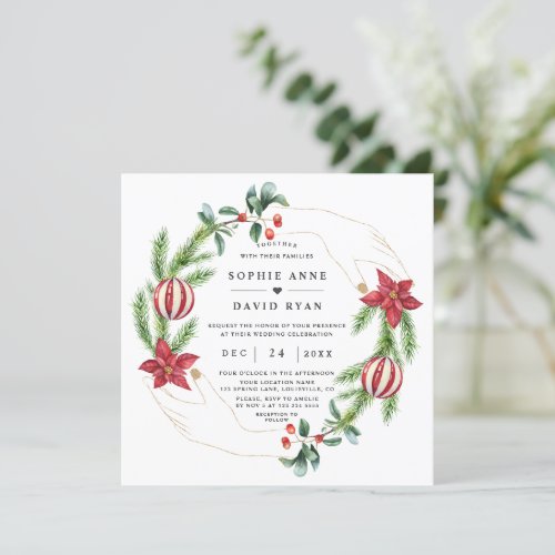 Winter Poinsettia Pine Berry Christmas Wedding Invitation