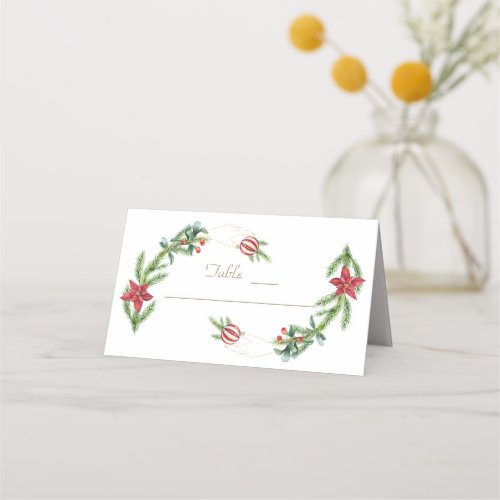 Winter Poinsettia Pine Berry Christmas Wedding Place Card
