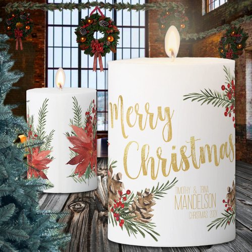 Winter Poinsettia  Pine Gold Merry Christmas  Pillar Candle