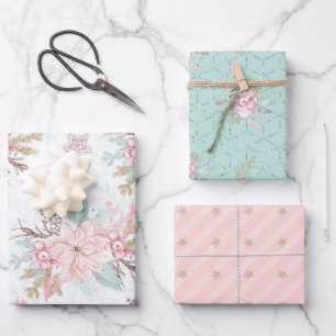 Winter Poinsettia Pink Green Pastel Christmas Wrapping Paper Sheets
