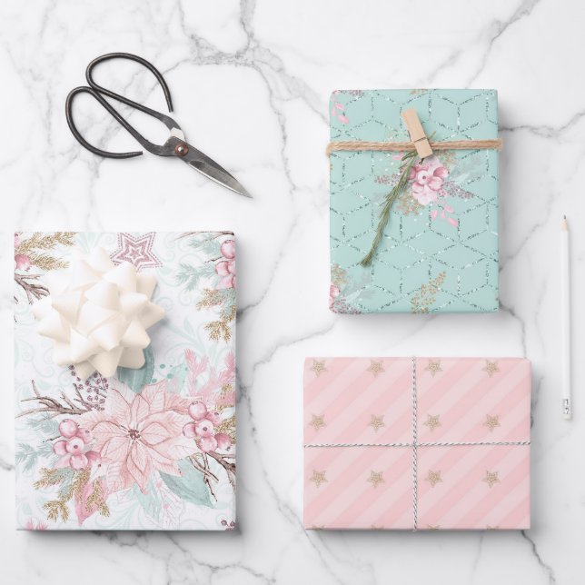 Winter Poinsettia Pink Green Pastel Christmas Wrapping Paper Sheets (Front)