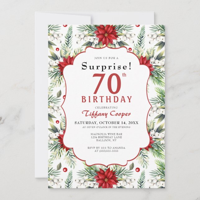 Winter Poinsettia Surprise 70th Birthday Party Invitation (Front)