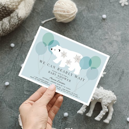 Winter Polar Bear Bearly Wait Blue Baby Shower Invitation