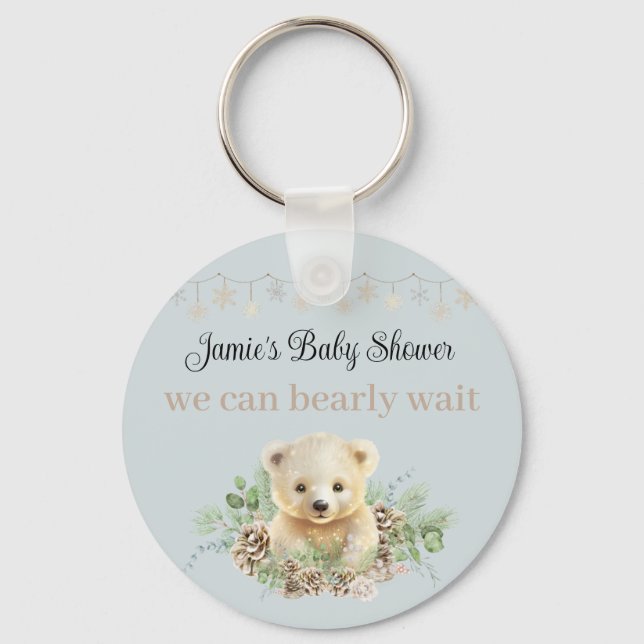 Winter Polar Bear Blue Baby Shower Favor Keepsake Keychain (Front)