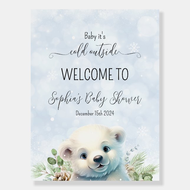 Winter Polar Bear Blue Baby Shower Welcome Sign (Front)