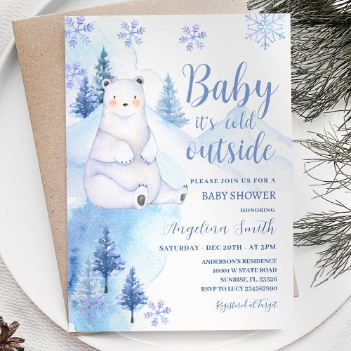 Winter Polar Bear Blue Snowflakes Baby Shower Invitation