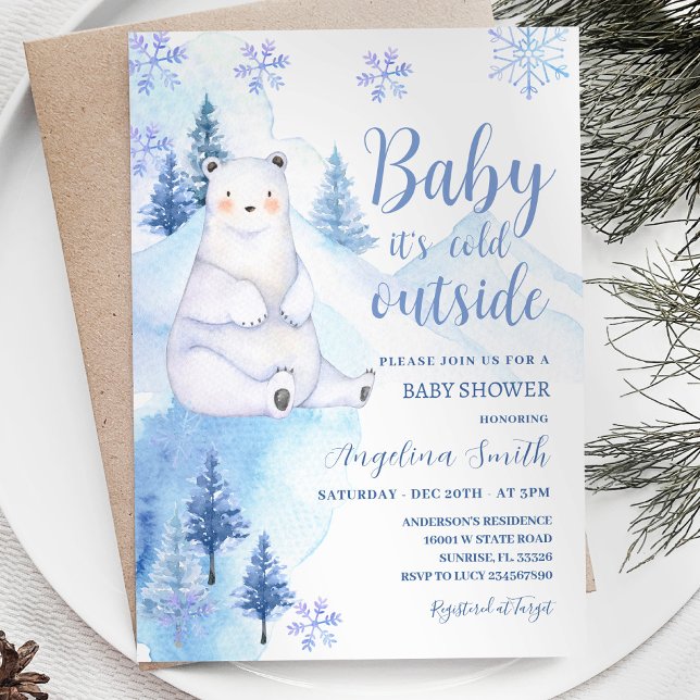 Winter Polar Bear Blue Snowflakes Baby Shower Invitation (Creator Uploaded)