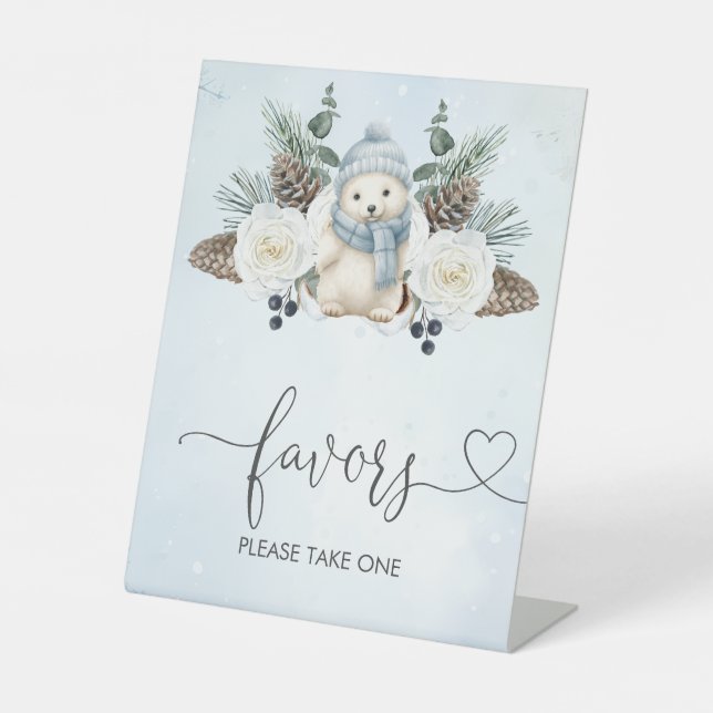 Winter Polar Bear Boy Baby Shower Favors Pedestal Sign (Front)
