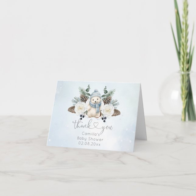 Winter Polar Bear Boy Baby Shower Thank You Card (Front)