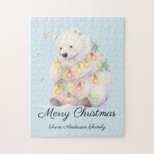 Winter Polar Bear Christmas Lights Family Name Jigsaw Puzzle