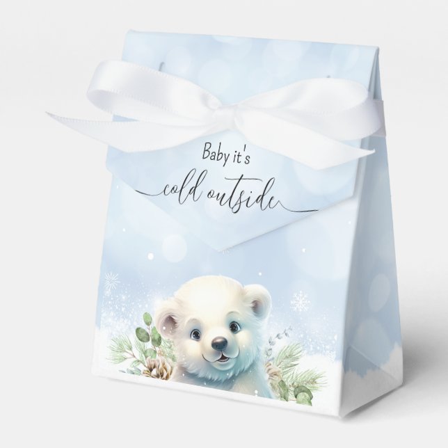 Winter Polar Bear Cold Outside Blue Baby Shower Favor Boxes (Front Side)