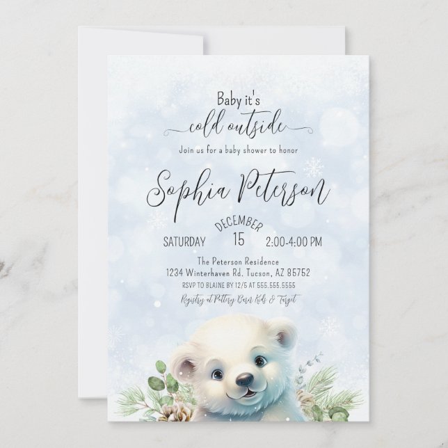 Winter Polar Bear Cold Outside Blue Baby Shower Invitation (Front)