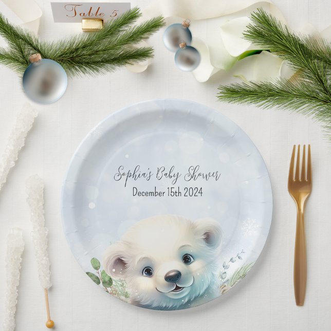 Winter Polar Bear Cold Outside Blue Baby Shower Paper Plates (Creator Uploaded)