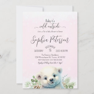 Winter Polar Bear Cold Outside Pink Baby Shower Invitation