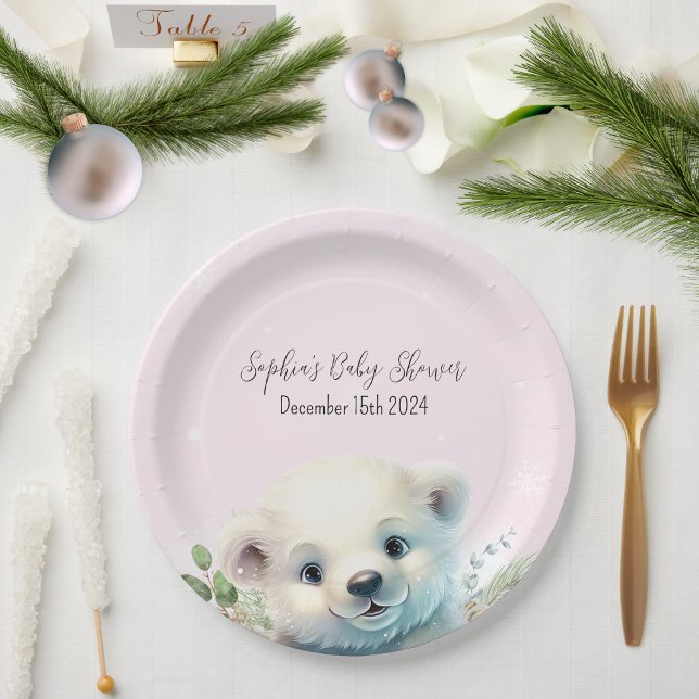 Winter Polar Bear Cold Outside Pink Baby Shower Paper Plates (Pink Polar Bear Winter Baby Shower Paper Plate)