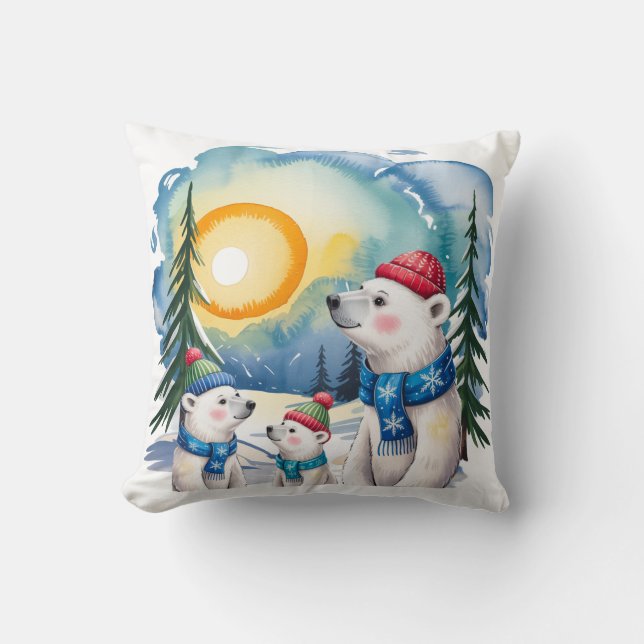 Winter Polar Bear Family Christmas  Throw Pillow (Front)