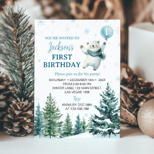 Winter Polar Bear Forest 1st Birthday Invitation