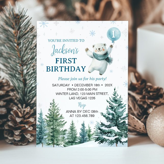 Winter Polar Bear Forest 1st Birthday Invitation (Creator Uploaded)