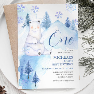 Winter Polar Bear Forest First Birthday Invitation