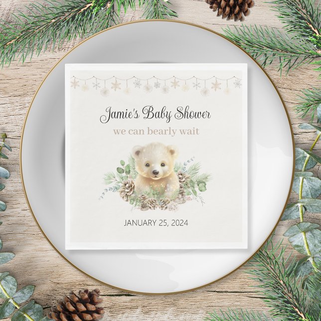 Winter Polar Bear Gender Neutral Baby Shower Napkins (cute cream gender neutral polar bear theme we can bearly wait baby shower napkins personalized)
