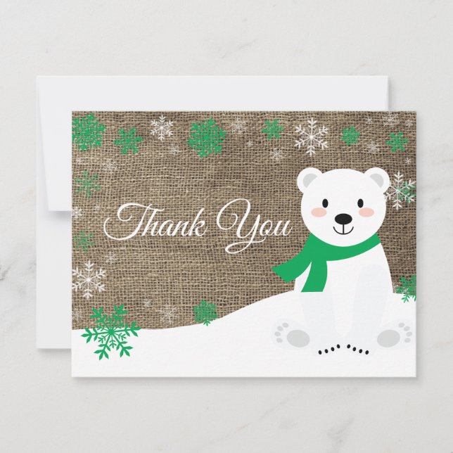 Winter Polar Bear Green Snowflake Thank You Card (Front)