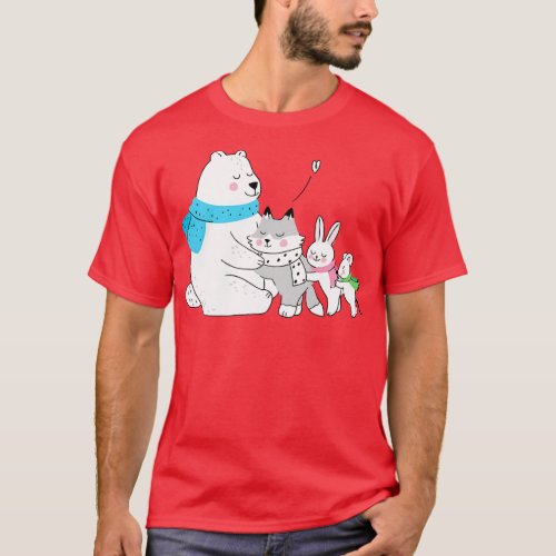 Winter polar bear hugging littles animals T_Shirt