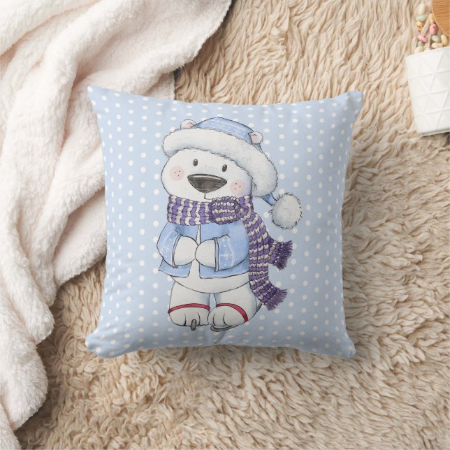 Winter Polar Bear Ice Skating Throw Pillow (Blanket)
