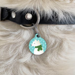 Winter Polar Bear Illustration With Pet's Info Pet Tag<br><div class="desc">Cute and festive illustration of a happy polar bear who is wearing a green winter scarf. The background color is blue with a pattern of white snowflakes. On the other side there are personalizable text areas for pet's own name and for owner's phone number.</div>