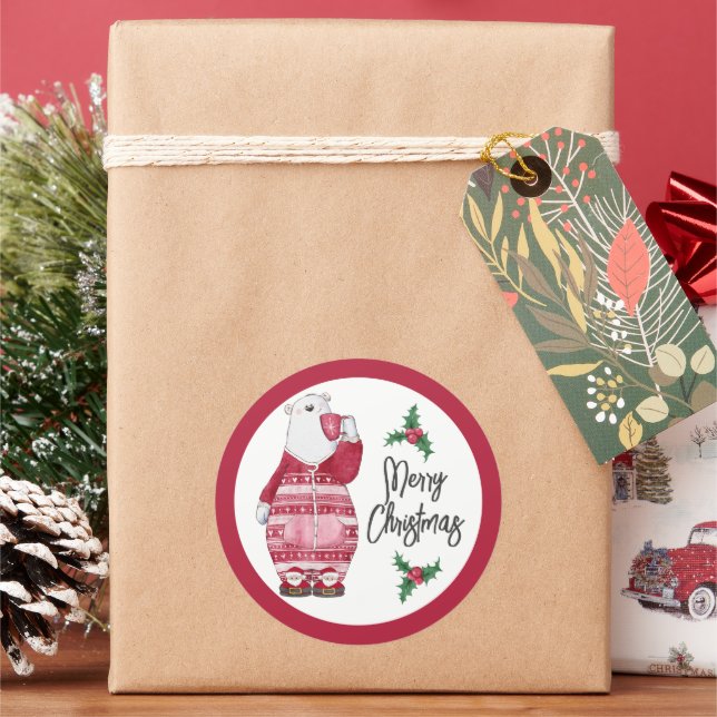 Winter Polar Bear in Pajamas with Cocoa Classic Round Sticker (Holiday)