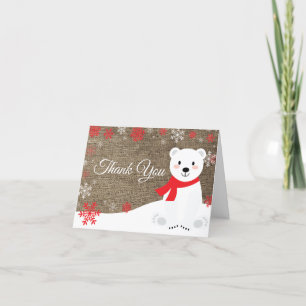 Winter Polar Bear Red Snowflake Burlap Letterpress Thank You Card
