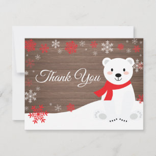 Winter Polar Bear Red Snowflake Thank You Card