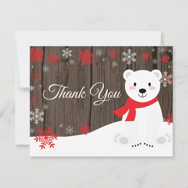 Winter Polar Bear Red Snowflake Thank You Card (Front)