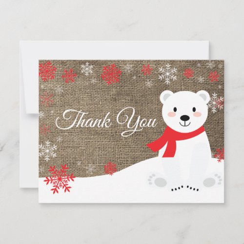 Winter Polar Bear Red Snowflake Thank You Card